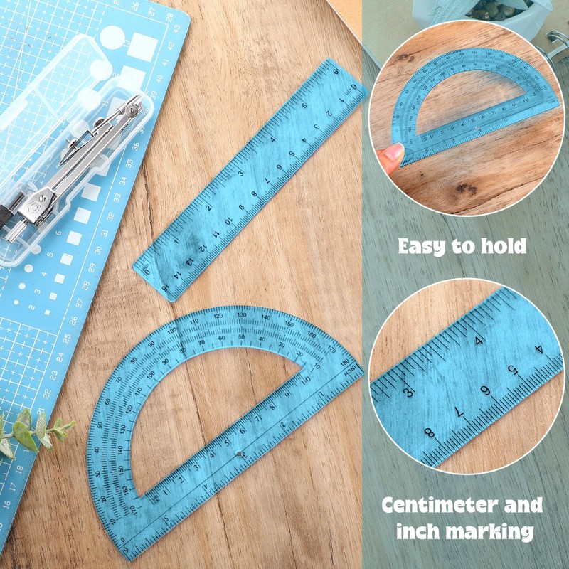 Zonon 3 Pcs Plastic Ruler 6 Inch Protractor Drawing Compass