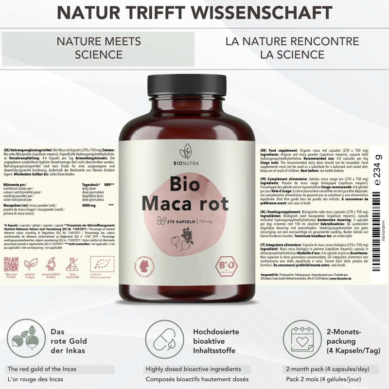 BIONUTRA® Maca Red Capsules Organic (270 x 750 mg), German