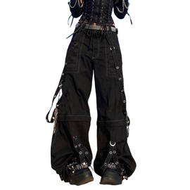 Kodaruber Women Vintage Goth Hip Hop Jeans Punk High Waisted Baggy Bootcut Jeans Strap Chain Striped Wide Leg Denim Pants(Black,Medium)