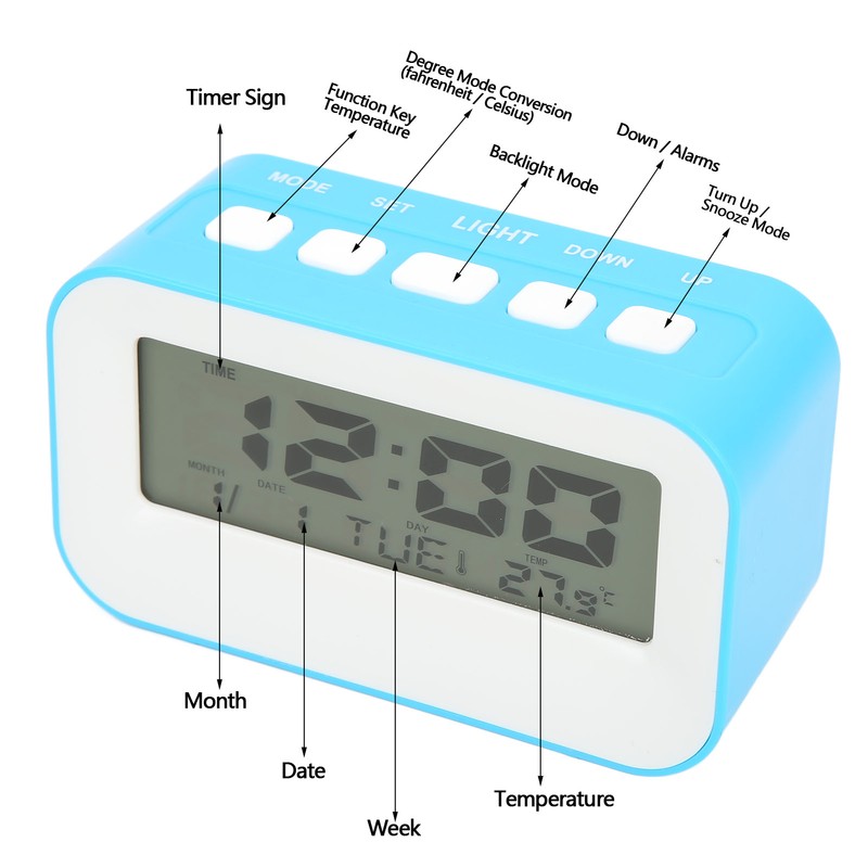 LCD Kids Alarm Clock Backlight Musical Alarms Birthday Reminder Blue