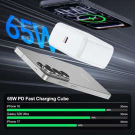 65W Super Fast Charger Block Plug with 6FT USBC to USBC Cable Fast Charging