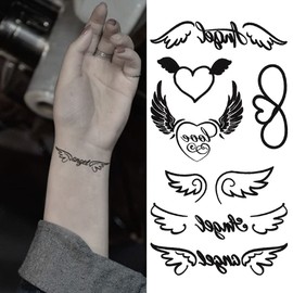 Oottati Small Cute Temporary Tattoo Sticker Set of 2 - Angel Love Heart Wing Designs for Hand Neck Face Wrist Finger, Waterproof Fake Body Art, Simple & Modern Unisex Skin Decals