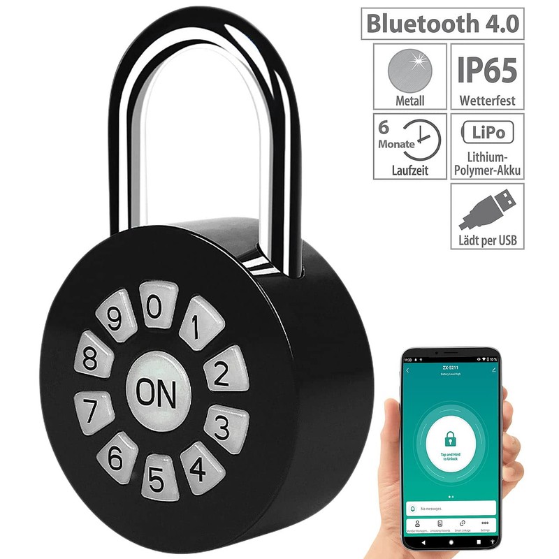 Xcase Metallvorhängeschloss: Metall-Vorhängeschloss mit Zahlencode und App, Bluetooth, IP65 (Schloss,