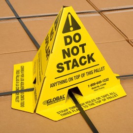 Global Industrial Trilingual "Do Not Stack" Printed Pallet Cones, 8"W x 8"L x 10"H, Corrugated Cardboard Construction, Yellow, 50/Pk, Prevents Double Stacking, Ships Flat