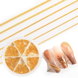 QIMYAR Nail Chains Punk Nail Charm 6 Strips Gold Silver Rose Gold Metal Nail Charms Nail Studs Chains Metallic Nail Beads Ball Jewelry Accessory Y2K Nail Art Decoration