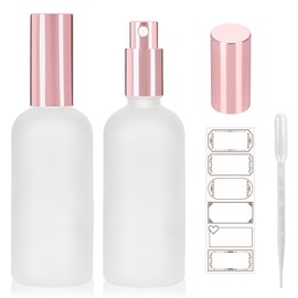 AuroTrends 3.4oz Frosted Glass Spray Bottles 2Pack, Empty Perfume Spray Bottles for Face Body Travel, Refillable Fine Mist Atomizer with Rose Gold Caps, Plastic Dropper and Stickers Included