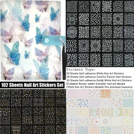 102 Sheets Nail Art Stickers & Storage Book,5200 Pieces 3D Self-Adhesive White Floral Nail Stickers with Rhinestones Designs, Multicolor Laser Gold Nail Decals for Women Girls DIY Manicure Decorations