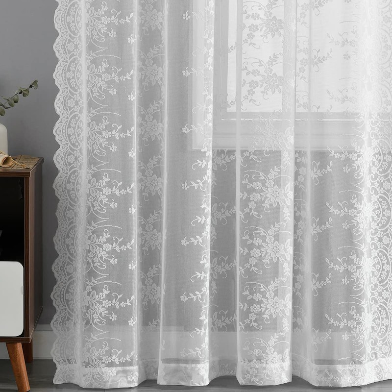 Kotile White Lace Cafe Curtains 45 Inch Length for Kitchen