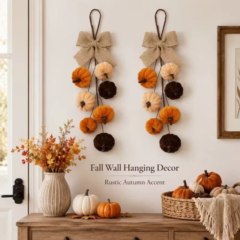 2 Pack Velvet Pumpkin Hanging Ornament for Fall Decor, Thanksgiving