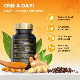 Advanced Turmeric Capsules High Strength 3000mg, Ginger & Black Pepper | ONE per Day | 8 Month Supply | Turmeric and Black Pepper Capsules Locally Made in UK | Turmeric Powder Joint Care Supplements
