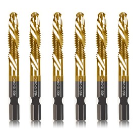 6-pc 12-24NC Combination Drill Tap Bit Set SAE, 12-24NC Thread Size, Titanium Coated High-Speed Steel, Ideal for Drilling Threading and Countersinking in Soft Metal Wood and Plastic, 1/4” Hex Shank