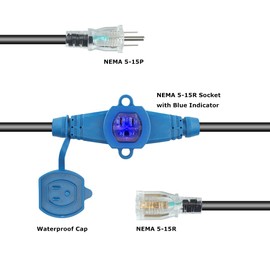 50 Feet Multi Outlet Extension Cord 14 Gauge,7 Nema 5-15R Evenly Spaced Outlets with Blue Indicators,Male Plug to Female Connector,Erboelec,ETL Listed