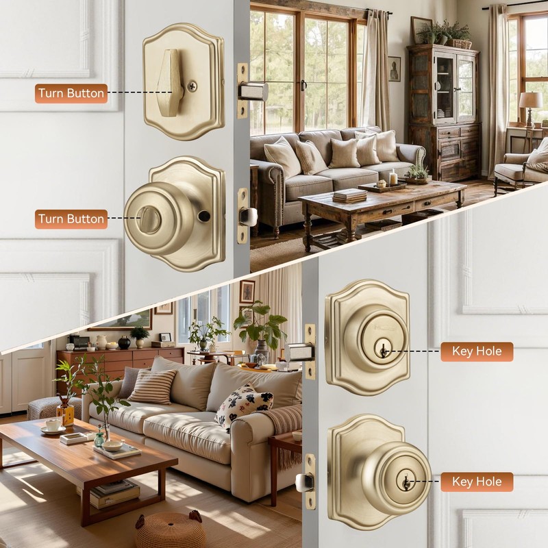 NCSEN Brushed Gold Door Knobs with Camelot Trim, Exterior Door