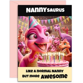 Nannysaurus Birthday Card - Fun Pink Dinosaur Design from little boy or girl. A5 Size with Pink Envelope.