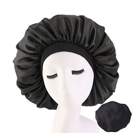 SZXMDKH Large Silky Satin Bonnet with Wide Elastic Band, Soft Sleeping Cap Night Hat Big Hair Bonnets Head Cover for Women Curly Natural Long Hair (Black), 42cm