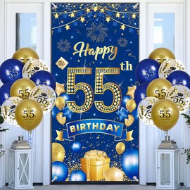 RUMIA 55th Birthday Party Decorations for Men Navy Blue Gold Happy Banner with 18pcs Balloons Door Cover Backdrop Women Anniversary Sign Porch Decor Supplies