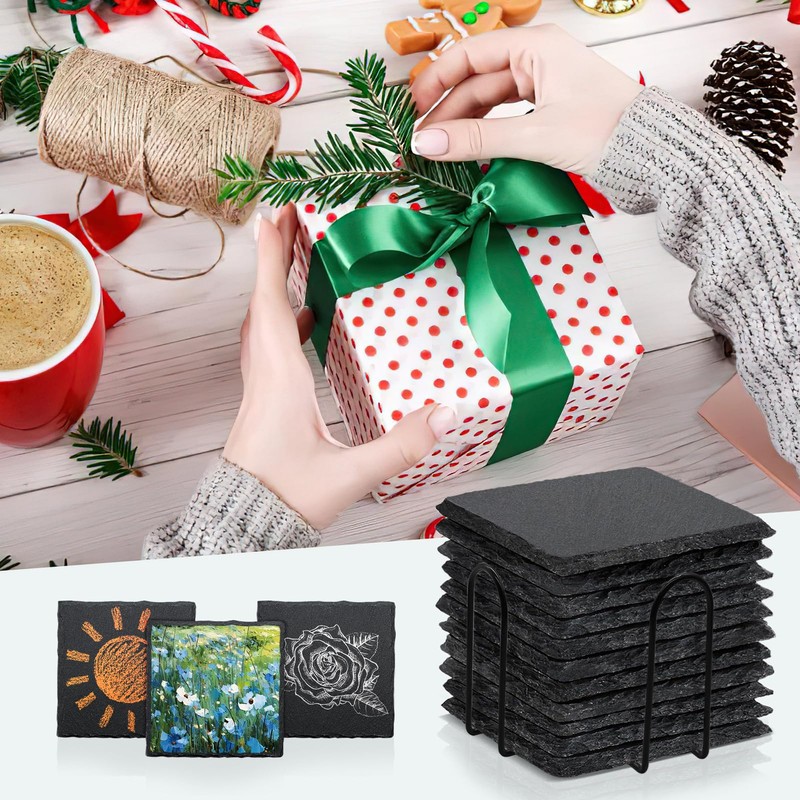 4 PCS Square Slate Drink Coasters Set, SIJDIEE 4 Inch