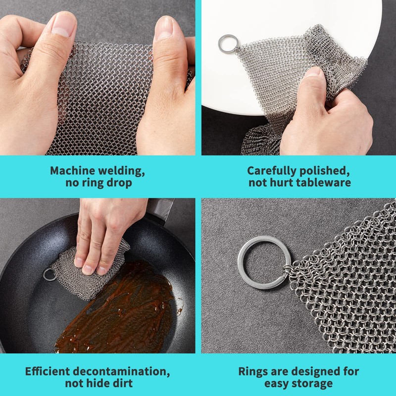 Cast Iron Cleaner 8 * 8" Upgraded Stainless Steel Chainmail