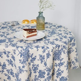 Wracra Blue Floral Pastoral Washable Round Tablecloth Cotton Linen Vintage Round 140 cm Tablecloth Outdoor Tablecloth Suitable for Party Picnic Dining Garden (Blue Flowers, Round 140 cm)