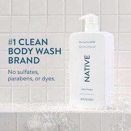 Native Gel de baño para mujeres y hombres, sal marina y cedro, botella con bomba de 36 onzas, sin sulfatos y suave