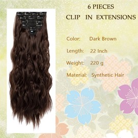 Clip in Hair Extensions for Women 6PCS Clip 220g Ins Long Wavy Curly Hair Extension 22 Inch Synthetic Hair Extension Thick Hairpieces (Dark Brown)