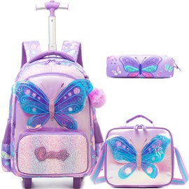 Homskiii Girls Rolling Backpack with Wheels for Kids 3D Butterfly School Roller Backpack,Carry on Travel Luggage with Lunch Bag and Pencil Case for Girls Ages 5-12