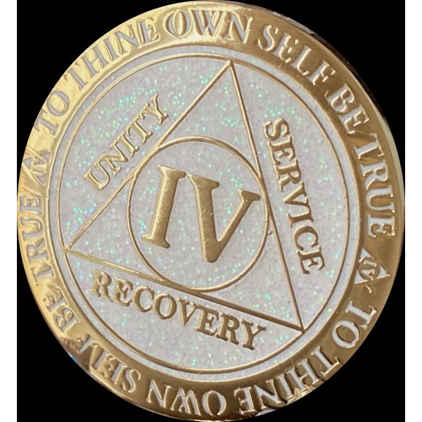 Recoverychip 4 Year AA Medallion Reflex White Glitter Gold Alcoholics
