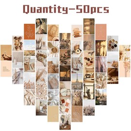 Wenrou Pack of 50 Boho Style Collage Print Set, Premium Wall Collage, Boho Cards Warm Collage Print Set, Beige Pictures Wall Collage Kit, Room Decoration Aesthetic for Girls, Aesthetic Wall Collage
