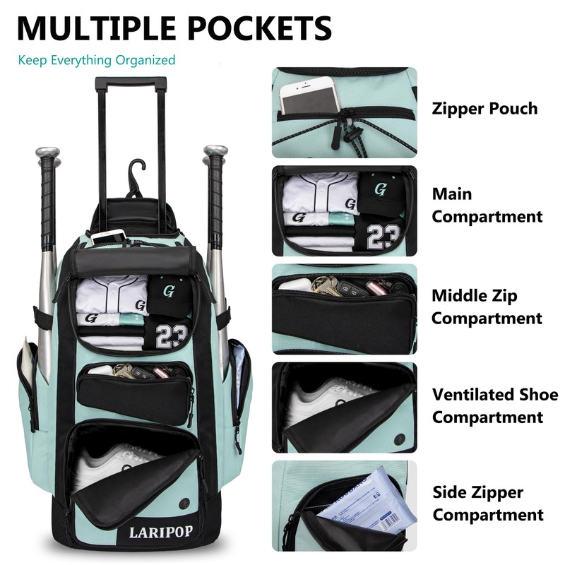 LARIPOP Rolling Baseball Bag Wheeled Softball Backpack, 55L Bat Bag