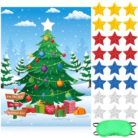 Faccito Pin The Star on The Christmas Tree Game Christmas Games for Party Xmas Games with Large Poster Sticker Blindfold Pin The Christmas Game for Holiday Group Family Winter Activities Supplies