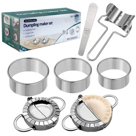 AMGOYA Dumpling Maker Kit Stainless Steel Dumpling Mold Maker, Momos for Easy Dumpling Making, Dough Cutter, Stuffing Spoon, and Flour Ring Cutter- Empanada Maker Press Set for Pierogies, Gyoza Etc