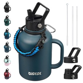 BJPKPK Large Insulated Water Bottles with Straw Lid & Handle, 50oz, 64oz, 87oz, 128oz Water Bottle with 3 Lids and Paracord Strap, Stainless Steel Metal Water Bottle, Insulated Water Jug, Navy Blue