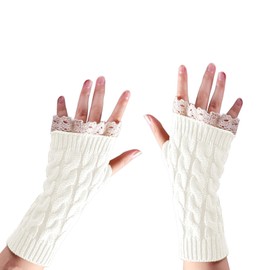 CENZICOM Women Knit Arm Warmer Winter Fingerless Thumb Hole Mitten Soft Gloves with Lace (White)