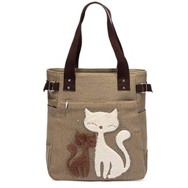 Canvas Tote Handbag for Women Cute Cat Embroidery Shoulder Purse Large Zipper Travel Work Shopping Grocery Bags