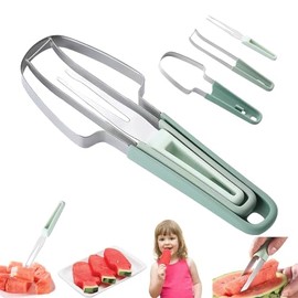2024 3-in-1 Stainless Steel Fruit Slicer, Watermelon Cutter with Melon Cutter and Fruit Forks, Watermelon Fork Cutting Tool, Summer Melon Cutter (Green)