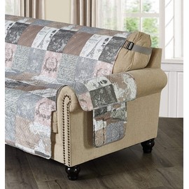 Brilliant Sunshine Paris and Toile Floral Patchwork Couch Armrest 5 Pockets Organizer, Slip Resistant Armchair Caddy, Washable Remote Controls Holder, Storage for Magazine, Tablet, 35×13", Latte Grey