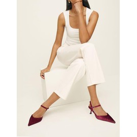 Migpuel Burgundy Rhinestone Kitten Heels for Women Elegant Pointed Toe Stiletto Heel Adjustable Buckle for Prom Dress Wedding Party