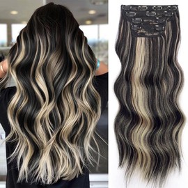 Vigorous Clip in Hair Extensions Long Wavy Synthetic Hairpieces,Natural & Soft Hair & Blends Well Hair Extensions,Easy to Wear for Women Girls Daily Use Event Party Use:_2/18 Black mix Blonde （20inch）_4PCS(20inch)