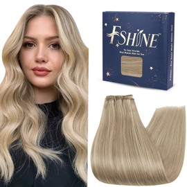 Fshine Weft Hair Extensions Human Hair - Full Head Sew in Hair Extensions 20 Inch Highlight Dirty Blonde And Platinum Blonde Real Human Hair 100g - Straight Thicken Hair Bundle Weave Double Weft