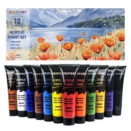 KINSPORY Acrylic Paint Set 12 x 36 ml with 4 Brushes - Waterproof, Non-Toxic, Non-fading & Quick Drying - For Canvas, Wood, Fabric, Stone - Ideal Holiday Gift for Artists/Beginners