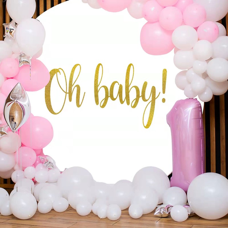 Jditngp Round Backdrop Cover Oh Baby 7.2ft, White with Gold