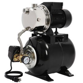 1.0HP Well Pump with Pressure Tank, Stainless Steel Irrigation Well Shallow Water Pressure Booster Pump for Home, Garden, Lawn（Black）