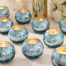 20 Pcs Lake Blue Votive Candle Holders, Larger Size 2.36×3.15" Round Mercury Glass Candle Holder, Tealight Holders for Wedding Party Decor, Bridal Shower Table Decorations, Lake Blue Centerpieces