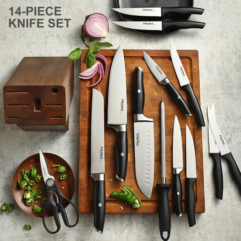Knife Block Set, FIKSHOT Kitchen Knife Sets, High Carbon Stainless