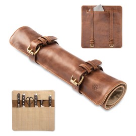 Angus Stoke knife roll bag, genuine buffalo leather - chef's knife bag with 7 slots + extra accessories bag Soeren (Mahogany)