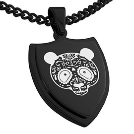 Tioneer Black Stainless Steel Day of the Dead Sugar Skull Panda Shield Pendant Necklace