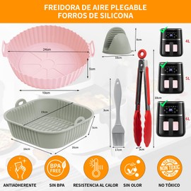KIROGILY Silicona para Freidora de Aire, Set de 7 Piezas que Incluye Cuatro Molde de Silicona para Freidora de Aire (Redondos y Cuadrados), Brocha de Aceite, Dos pares Guantes y Pinzas