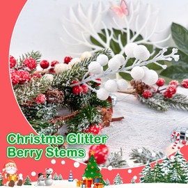 LEBERY Christmas Glitter Berries Stems 14Pcs 7.8 Inch Christmas White Holly Berry Picks Artificial Winter Faux Berry Stems Picks Branches for Christmas Tree Ornaments DIY Crafts Wreath and Home Decor