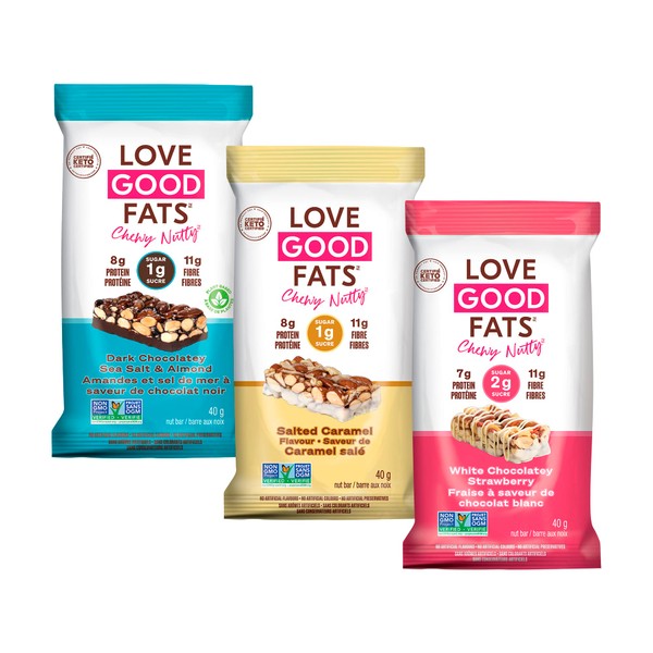 Love Good Fats Keto Protein Snack Bars - Chewy Nutty Variety Pack - 12-13g Good Fats, 7-8g Protein, 3-5g Net Carbs, 1-2g Sugar, Gluten-Free, Non GMO - Dark Chocolate Sea Salt Almond, Salted Caramel, White Chocolate Strawberry - 3 Flavours, 12 Pack