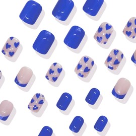 Valentines Press on Nails Short Square Fake Nails Blue False Nails with Heart Dot Designs Nude Stick on Nails Glossy Glue on Nails Valentines Nails Acrylic Nails for Women Girls 24 Pcs